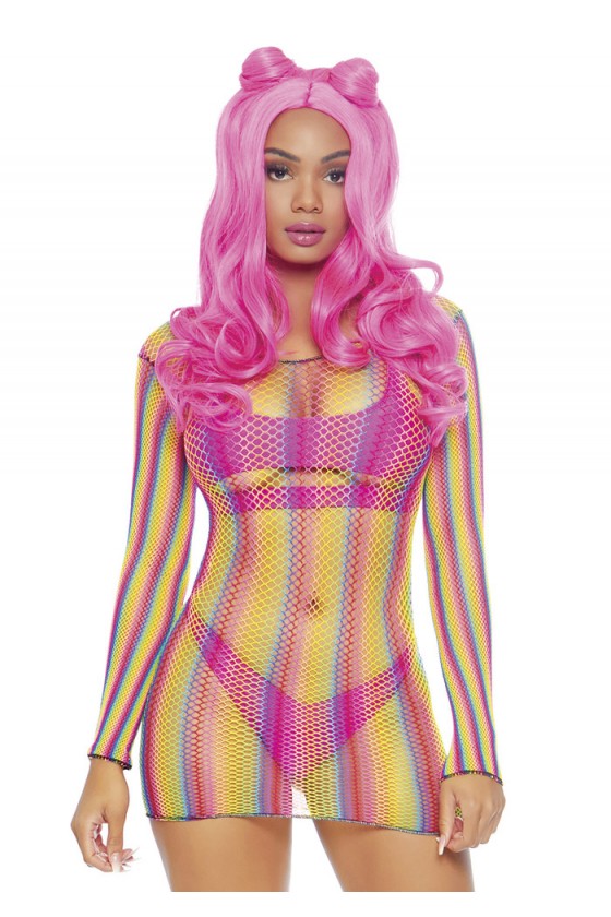 Siateczkowa, tęczowa sukienka Rainbow fishnet mini dress
